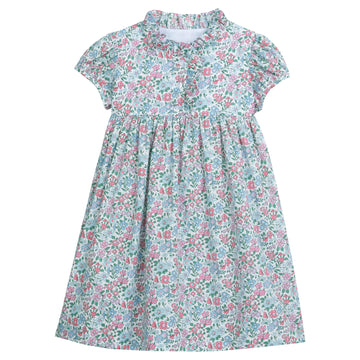 little english classic childrens clothing girls short sleeve blue and pink floral dress with ruffled neckline and short sleeves