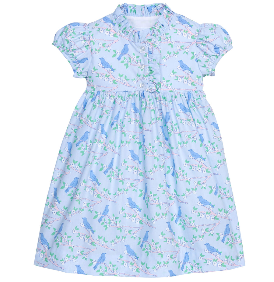 Little English | Cherry Blossoms Birdie Dress - Blue Bird Print Girl Dress 7