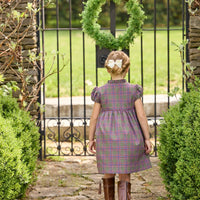 Little English traditional children's clothing. Capped sleeve dress in olive, maroon, and blue Thornhill Plaid with ruffled collar & placket for little girls