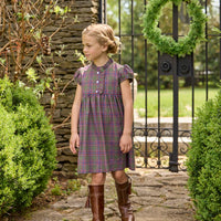 Little English traditional children's clothing. Capped sleeve dress in olive, maroon, and blue Thornhill Plaid with ruffled collar & placket for little girls