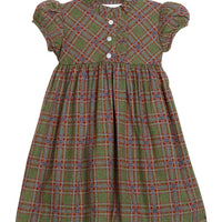 Little English traditional children's clothing.  Short sleeve olive and maroon Thornhill Plaid dress with ruffled collar and placket for little girls