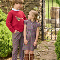 Little English traditional children's clothing. Maroon intarsia sweater with pheasant motif for boys for fall