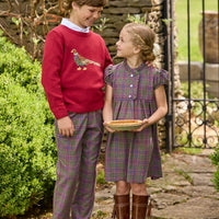 Little English traditional children's clothing. Capped sleeve dress in olive, maroon, and blue Thornhill Plaid with ruffled collar & placket for little girls