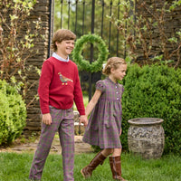 Little English traditional children's clothing. Capped sleeve dress in olive, maroon, and blue Thornhill Plaid with ruffled collar & placket for little girls