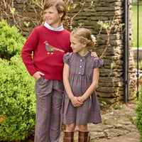 Little English traditional children's clothing. Maroon intarsia sweater with pheasant motif for boys for fall