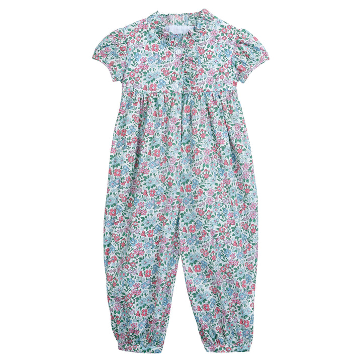 little english classic childrens clothing girls pink and blue floral romper with ruffled neckline and short sleeves