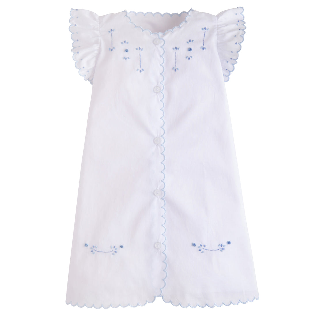 Little English embroidered newborn gown for girls, blue french knots with scallop trim, timeless receiving gown