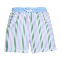 Little English traditional children's clothing. Blue, pink, and green striped swim trunks for little boys for summer