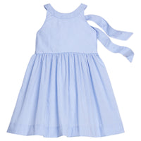 Little English traditional children's clothing.  Royal blue mini gingham sleeveless dress with white ricrac trim and bow tie in back for little girls