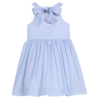 Little English traditional children's clothing.  Royal blue mini gingham sleeveless dress with white ricrac trim and bow tie in back for little girls