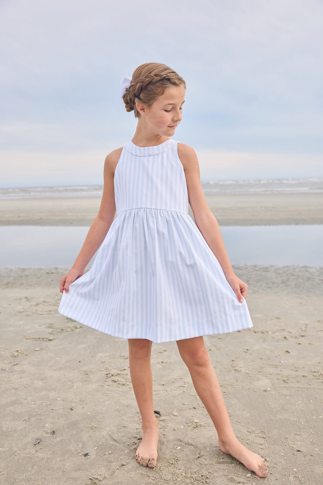 anne klein white and blue stripes bow dress Bow Detail Striped Ruffle Dress Blue White