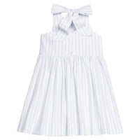 Little English traditional children's clothing.  Light blue and white Savannah Stripe sleeveless dress with white bow tie in back for little girls