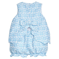 Little English traditional children's clothing.  Blue and white floral jacquard bloomer set for baby girls.  Sleeveless top with scallop hem and coordinating ruffled bloomer.