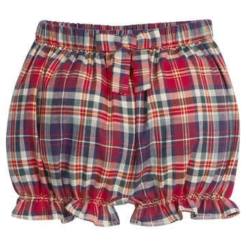 little english classic children's clothing, deep red, navy, and hunter green plaid bloomers with front bow for girls 