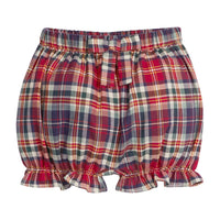 little english classic children's clothing, deep red, navy, and hunter green plaid bloomers with front bow for girls 