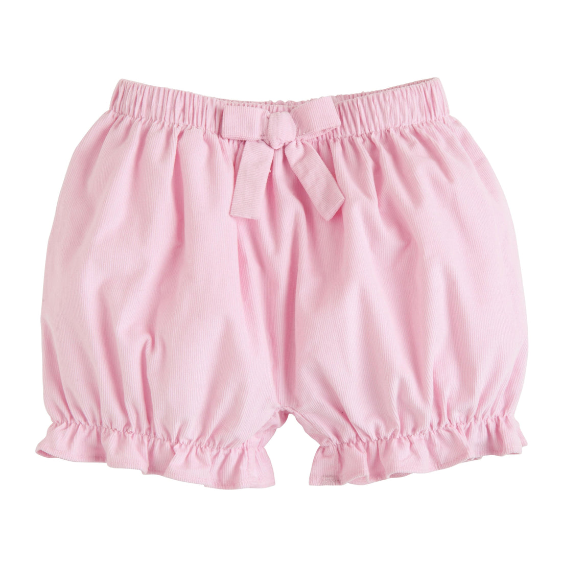 little english classic childrens clothing, girls light pink corduroy bloomers with fixed bow and ruffled hem