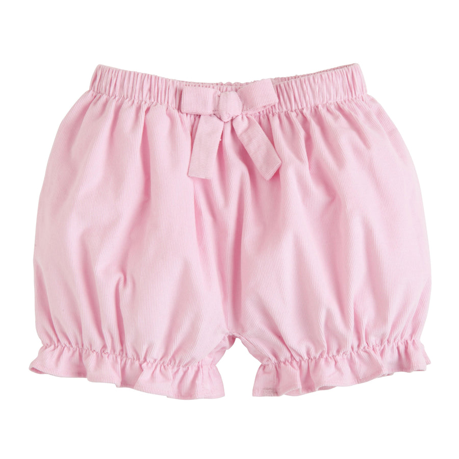 little english classic childrens clothing, girls light pink corduroy bloomers with fixed bow and ruffled hem