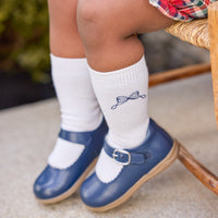 little english classic children's clothing, bow bloomers in middleburg plaid with Navy bow knee high socks