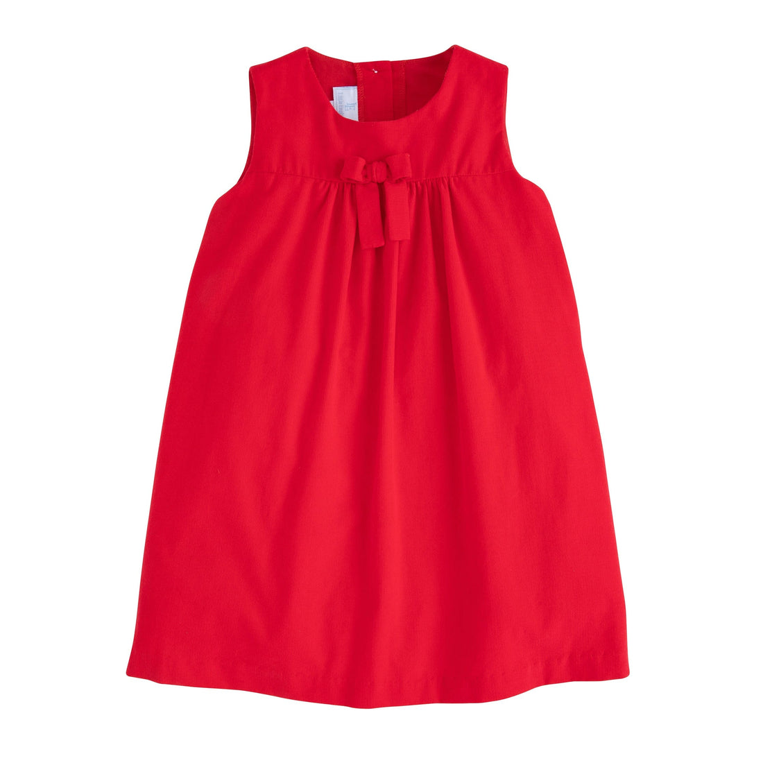 little english classic childrens clothing girls sleeveless red pleated jumper with a red bow on chest