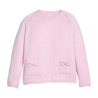 Little English traditional children's clothing. Long sleeve light pink bow pocket cardigan for little girls