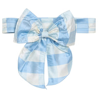 Little English X Luciana Emilia capsule collection bow sash in 100% silk blue check.  Special occasion dress accessory for girls