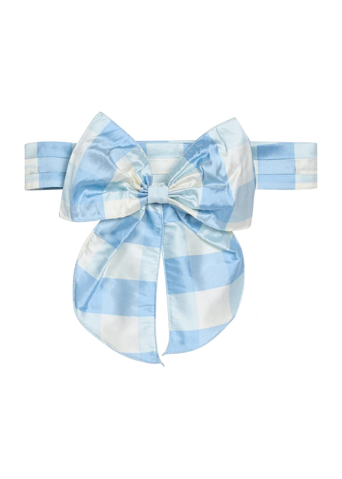 Little English X Luciana Emilia capsule collection bow sash in 100% silk blue check.  Special occasion dress accessory for girls