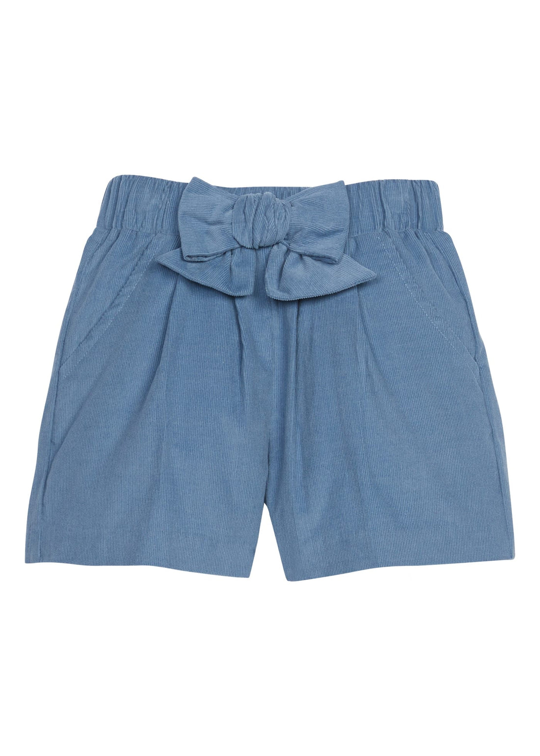 Little English traditional clothing, banded short in stormy blue corduroy with pockets and center bow on waistband for little girl