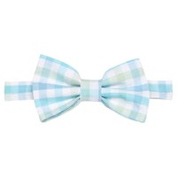 Little English traditional children's clothing.  Aqua blue and green plaid bow tie for boys.