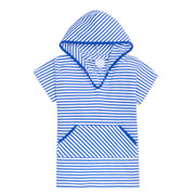 Little English boy's royal blue striped swim coverup, boy's knit pullover with kangaroo pocket