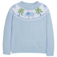 Little English classic childrens clothing toddler boys light blue knit fair isle sweater with elephant and palm tree motifs