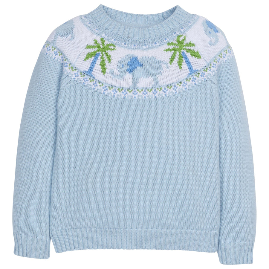 Little English classic childrens clothing toddler boys light blue knit fair isle sweater with elephant and palm tree motifs