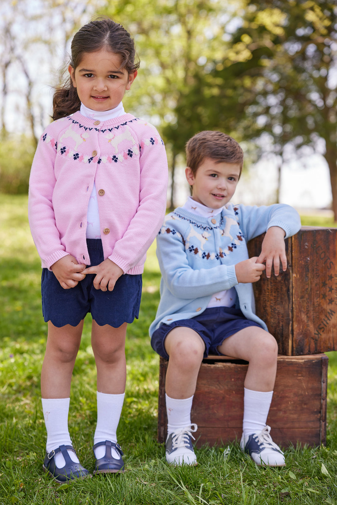 little english classic childrens clothing boys knit light blue sweater with lab motif on upper chest