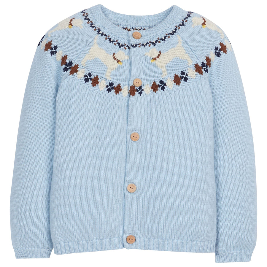 little english classic childrens clothing boys knit light blue fair isle sweater with lab motif
