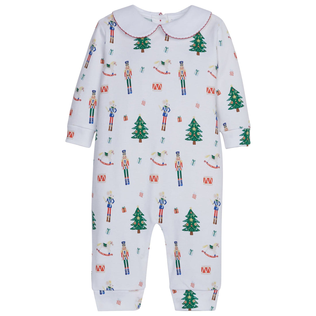 little english classic childrens clothing boys playsuit with nutcracker and christmas tree motif and peter pan collar
