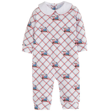 classic childrens clothing boys playsuit with peter pan collar and train print