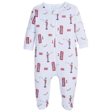 little english classic childrens clothing boys zippered footie with printed red telephone booths and solidiers