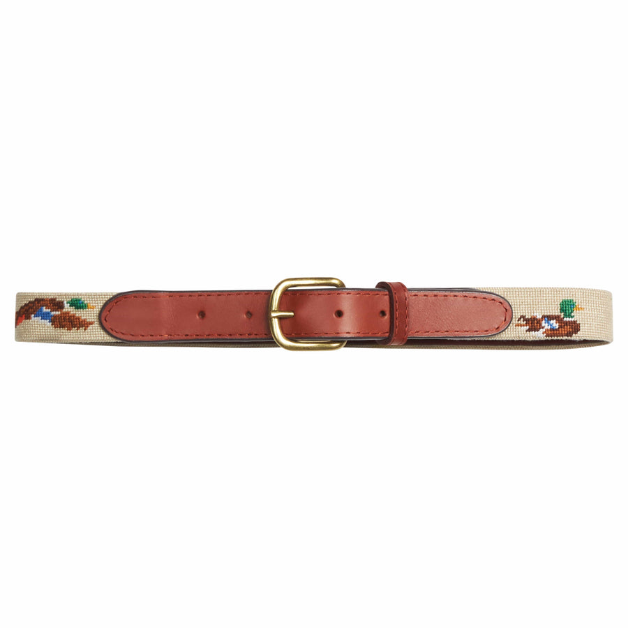 Little English traditional children's clothing.  Smathers and Branson Needlepoint belt for boys.  Tan mallard belt for kids