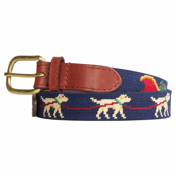 Little English traditional children's clothing.  Navy needlepoint belt with labrador rein-dogs and santa's sleigh for the holidays