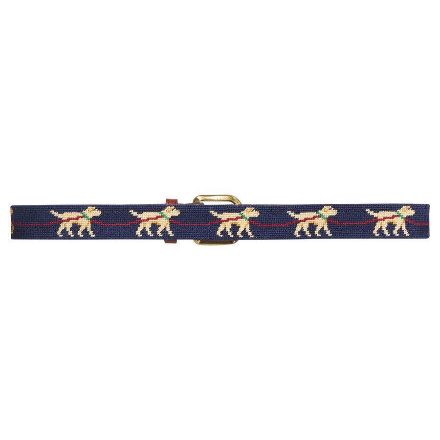 Little English traditional children's clothing.  Navy needlepoint belt with labrador rein-dogs and santa's sleigh for the holidays