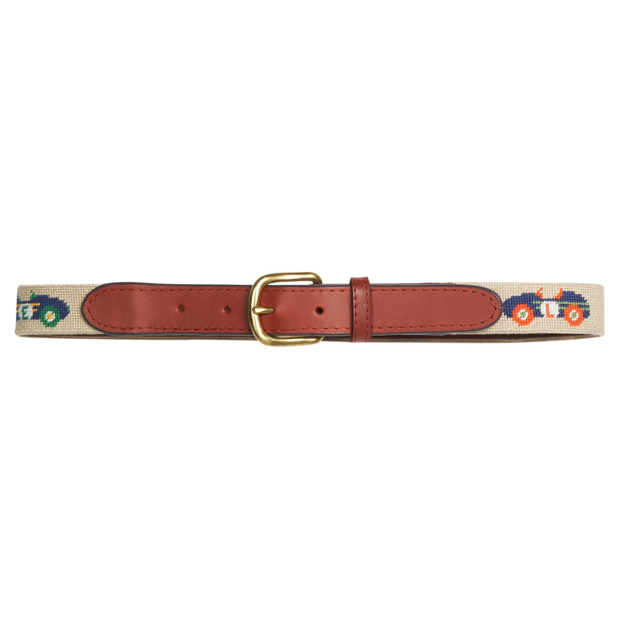 Little English traditional children's clothing. Khaki needlepoint belt for boys with vintage multi-colored race car motifs