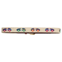 Little English traditional children's clothing. Khaki needlepoint belt for boys with vintage multi-colored race car motifs 