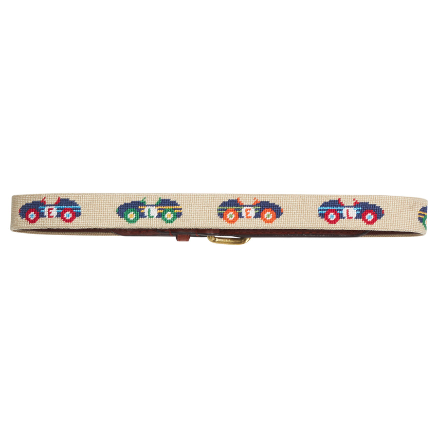 Little English traditional children's clothing. Khaki needlepoint belt for boys with vintage multi-colored race car motifs 