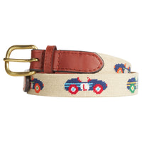 Little English traditional children's clothing. Khaki needlepoint belt for boys with vintage multi-colored race car motifs