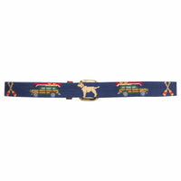 Little English traditional children's clothing.  Navy needlepoint belt with traditional fall motifs for boys. Wagoneer with canoe, crossed oars, lab, and football motifs.