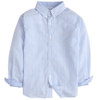 Little English boy's button down shirt, light blue plaid shirt for boy, traditional blue fall button down