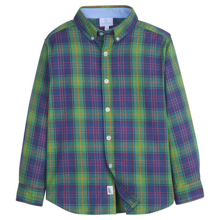 Little English boy's fall button down, navy and green classic plaid shirt for older boys