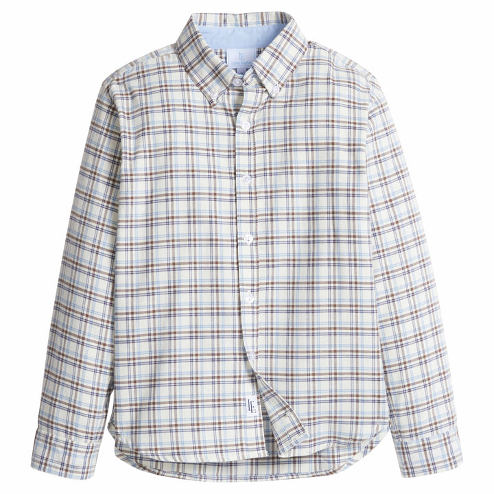 little english classic children's clothes, boys light blue and brown plaid button down shirt for fall 