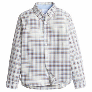 little english classic children's clothes, boys light blue and brown plaid button down shirt for fall 