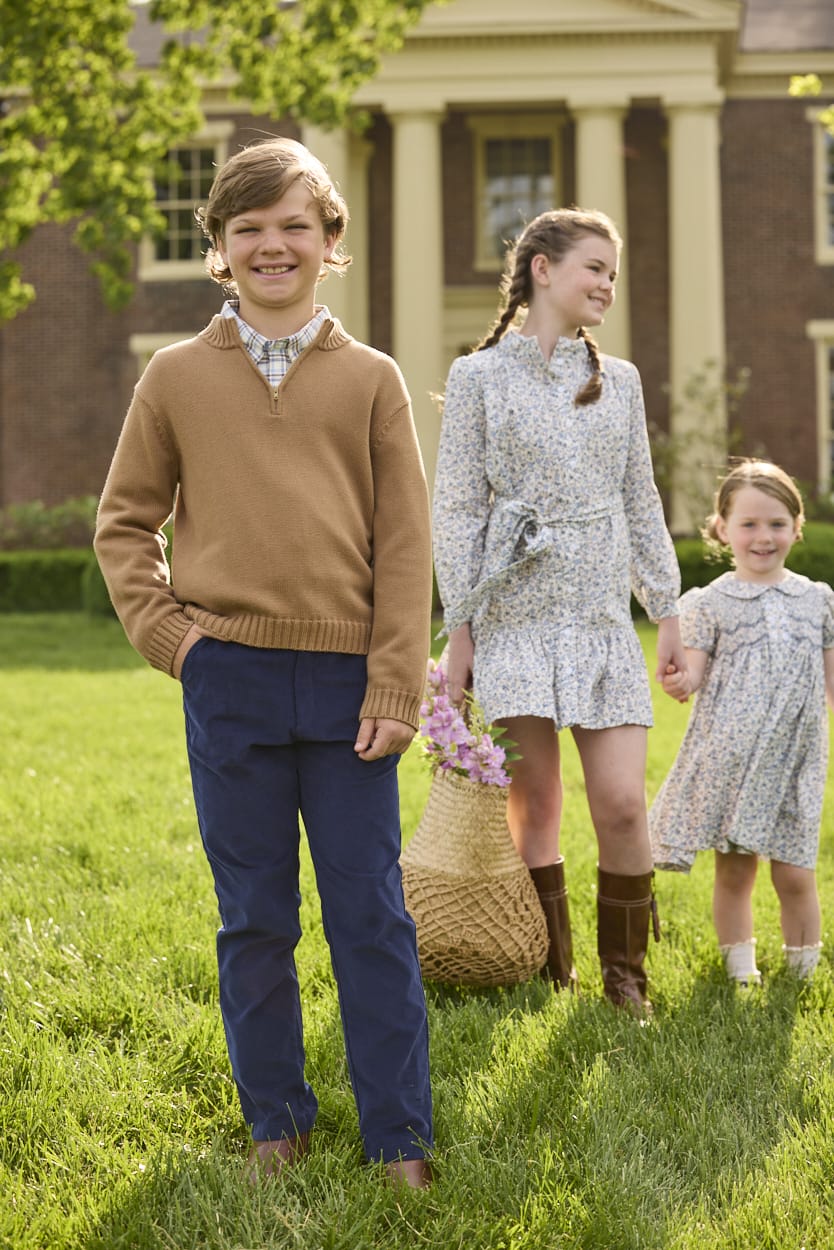 Little English classic childrens clothing, Quarter zip sweater in chestnut brown, button down shirt in blue and brown clarkson plaid, Classic pant in navy corduroy 