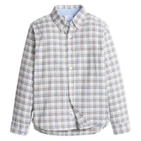 little english classic children's clothes, boys light blue and brown plaid button down shirt for fall 